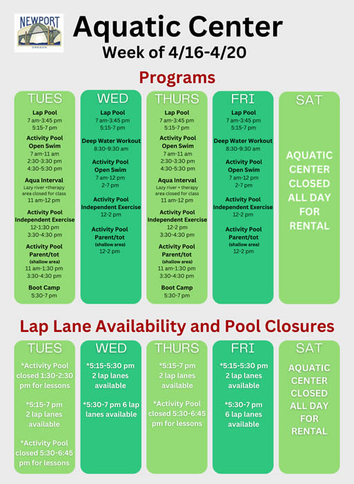Aquatic Center schedule week of 4-16-24