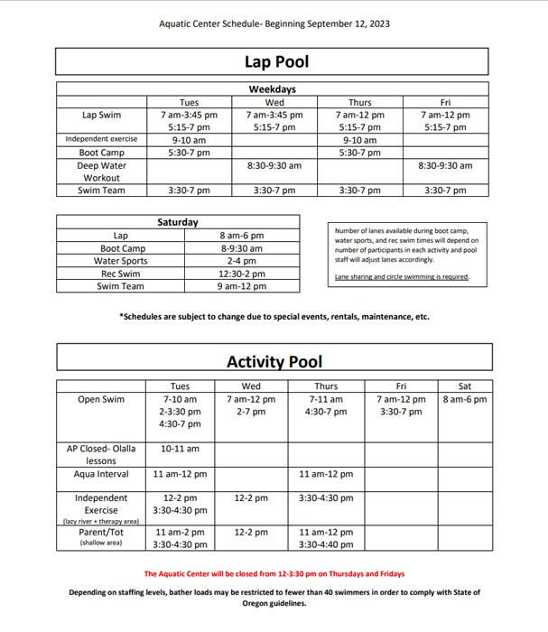 Aquatic Center Schedule beginning September 12 2023