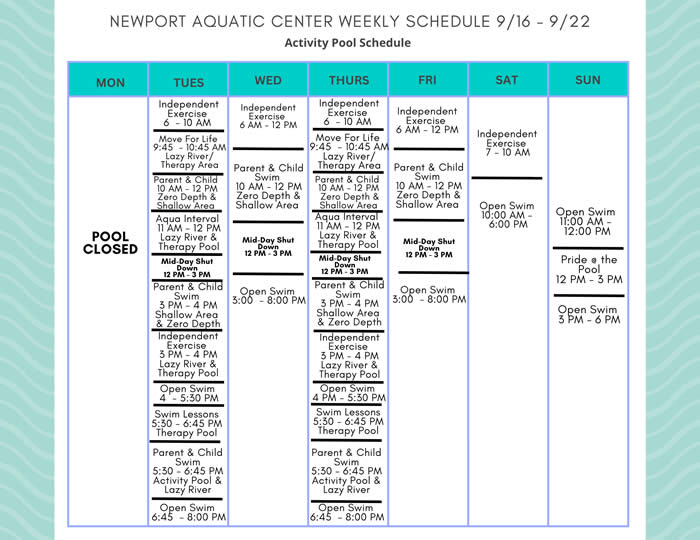 Activity Pool Schedule week of 9-16-24