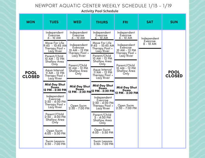 Activity Pool Weekly Schedule 1.13 - 1.19