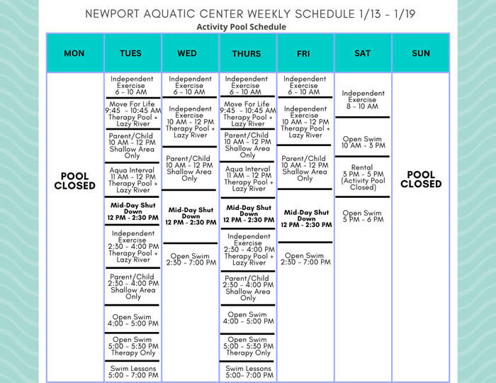 Activity Pool Weekly Schedule 1.13 - 1.19