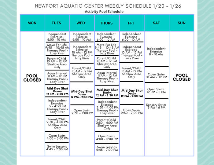 Activity Pool Weekly Schedule 1.20 - 1.26