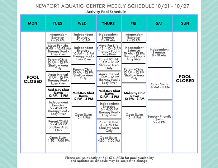 Activity Pool Weekly Schedule 10.21-10.27