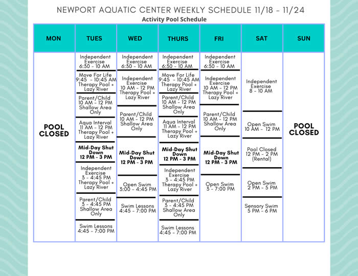 Activity Pool Weekly Schedule 11.18 - 11.24