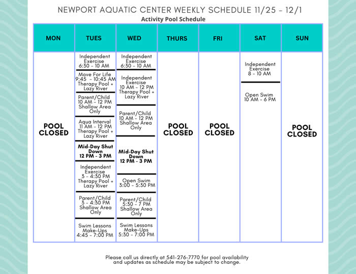 Activity Pool Weekly Schedule 11.25 - 12.1