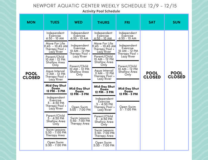 Activity Pool Weekly Schedule 12.9 - 12.15