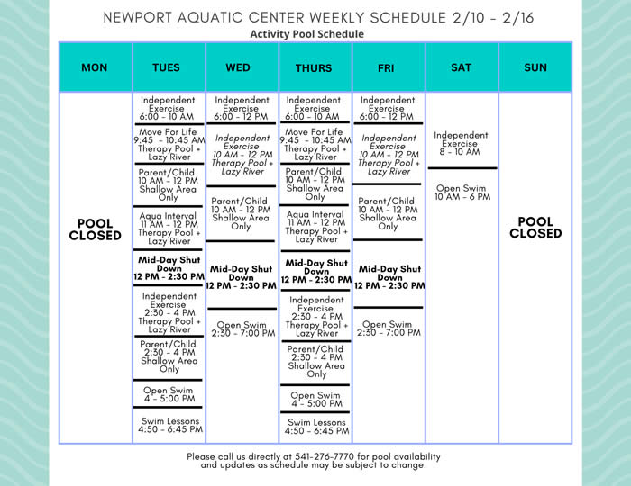 Activity Pool Weekly Schedule 2.10 - 2.16