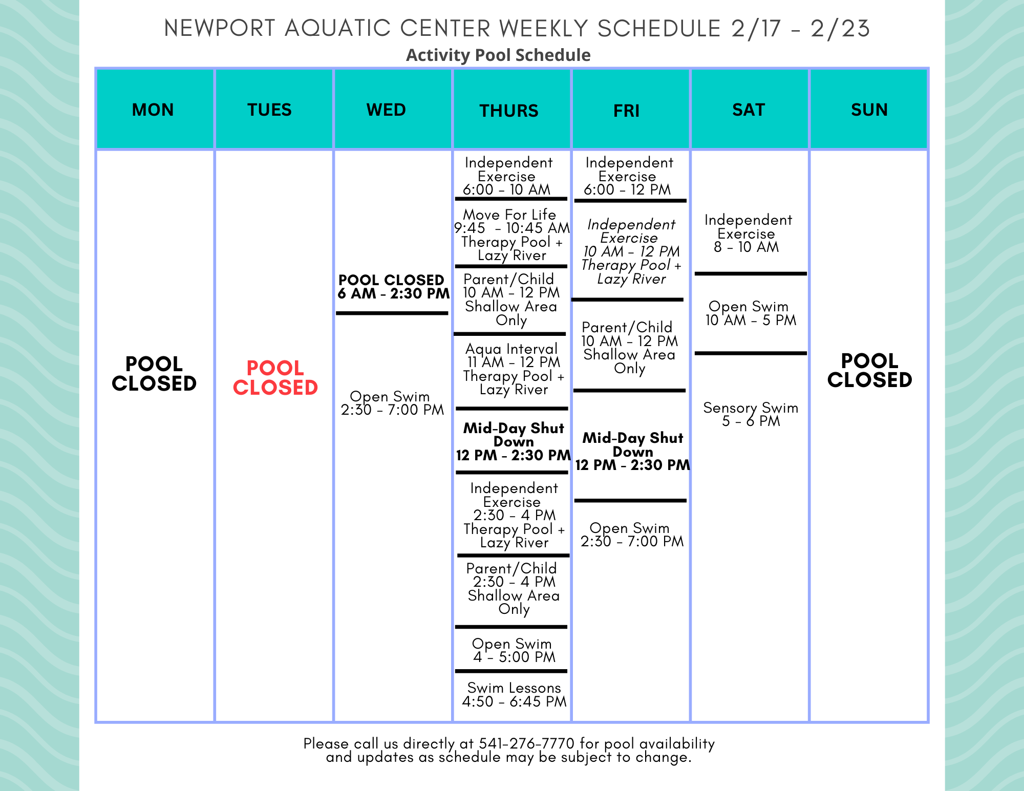 Activity Pool Weekly Schedule 2.17 - 2.23