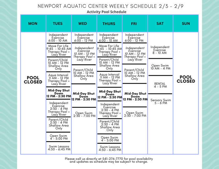 Activity Pool Weekly Schedule 2.3 - 2.9