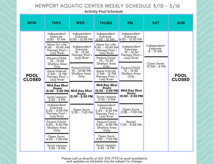 Activity Pool Weekly Schedule 3.10 - 3.16 