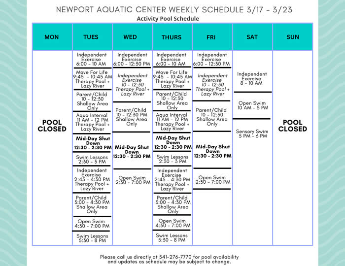 Activity Pool Weekly Schedule 3.17-3.23