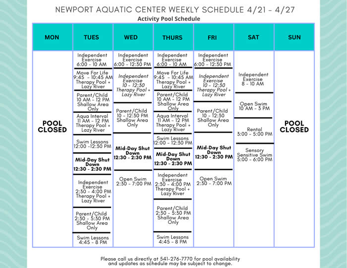 Activity Pool Weekly Schedule 4.20 - 4.27