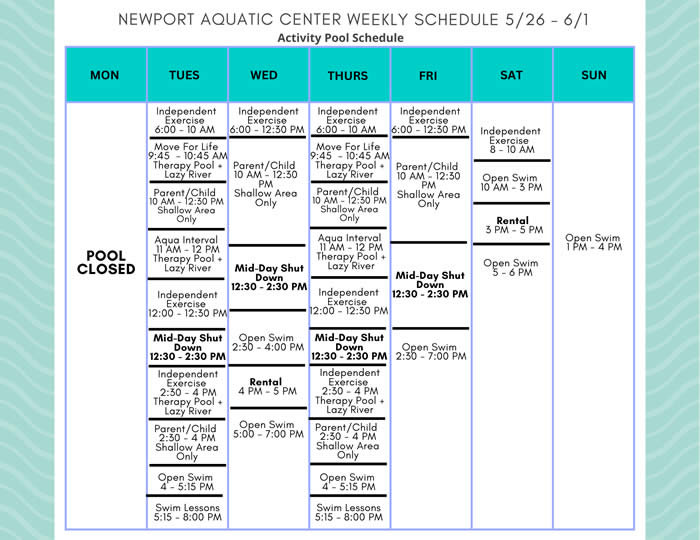 Activity Pool Weekly Schedule 5.26-6.1