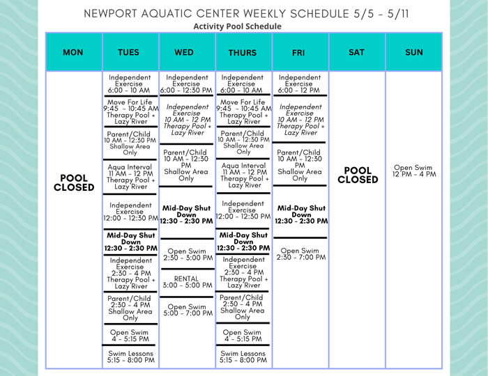 Activity Pool Weekly Schedule 5.5 - 5.11