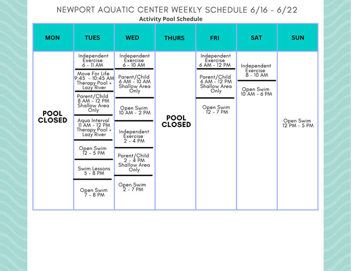 Activity Pool Weekly Schedule 6.16 - 6.22