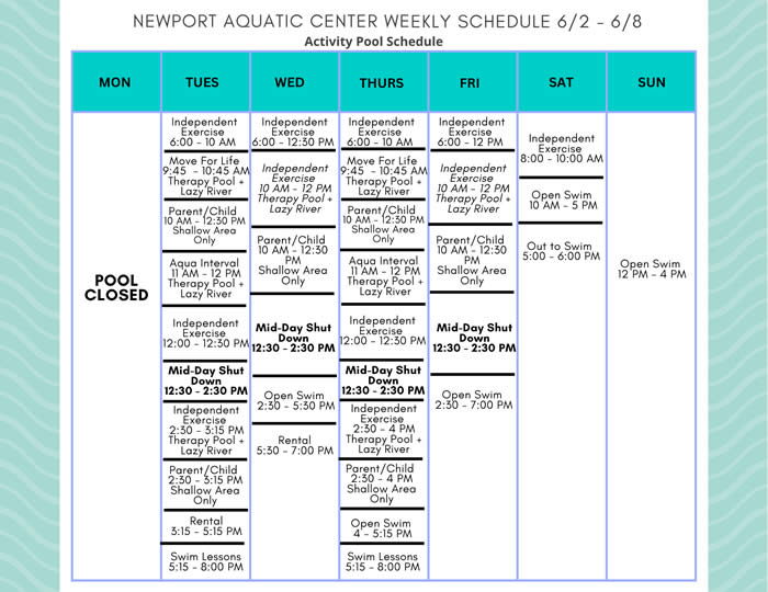 Activity Pool Weekly Schedule 6.2 - 6.8