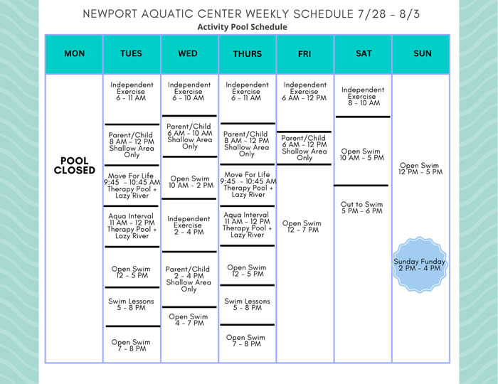 Activity Pool Weekly Schedule 7.28 - 8.3
