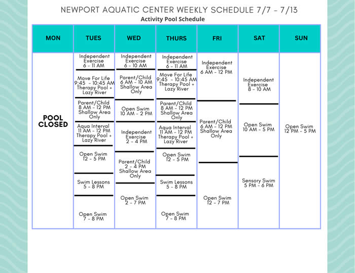 Activity Pool Weekly Schedule 7.7 - 7.13