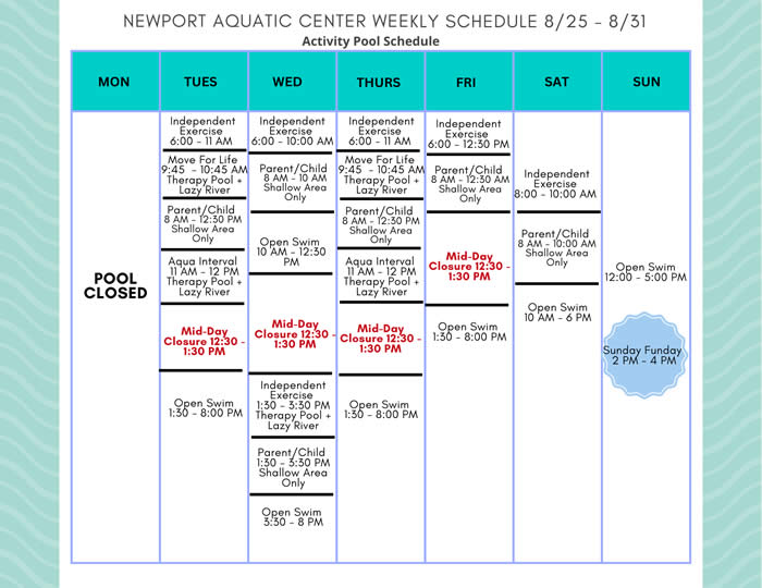 Activity Pool Weekly Schedule 8.25 - 8.31