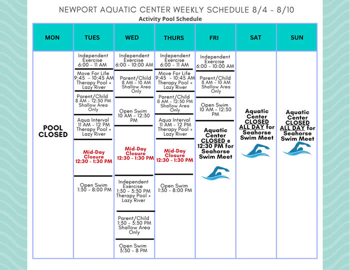Activity Pool Weekly Schedule 8.4 - 8.10
