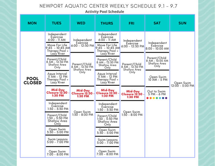 Activity Pool Weekly Schedule 9.1 - 9.7
