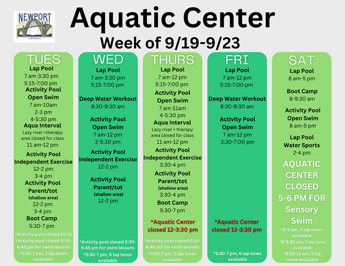Aquatic Center Schedule September 19 through 23 2023
