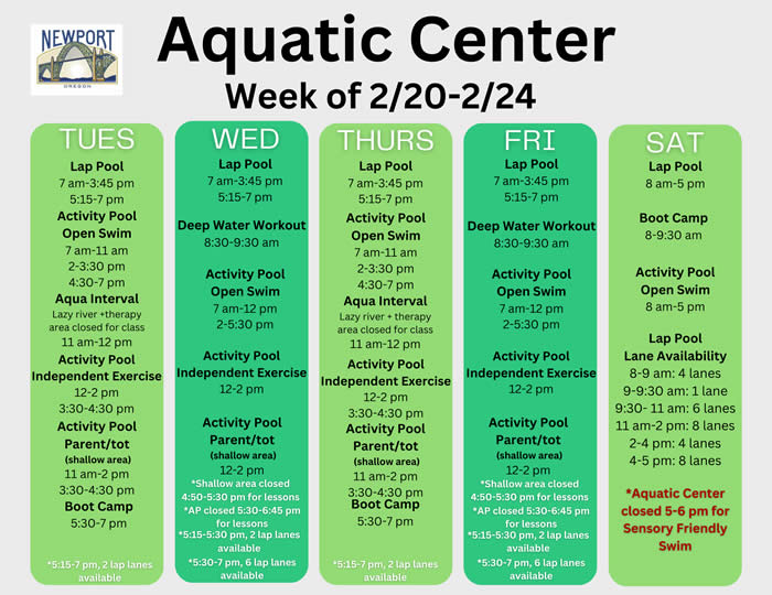 Aquatic Center Schedule week of 2-19-24