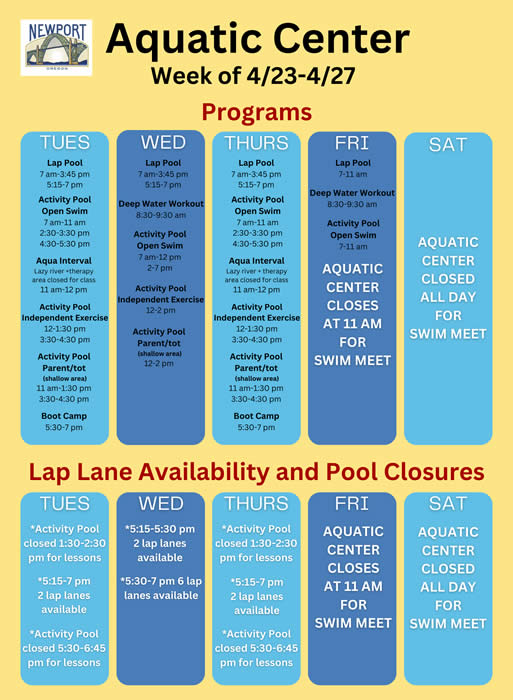 Aquatic Center schedule week of 4-23-24