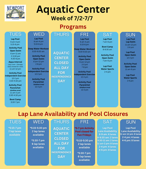 Aquatic Center schedule week of 7-2-24