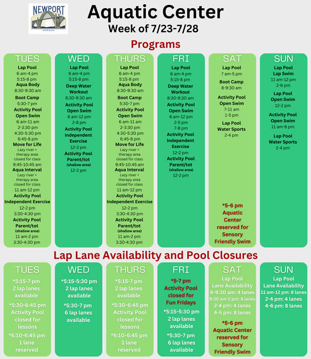 Aquatic Center schedule week of 7-23-24