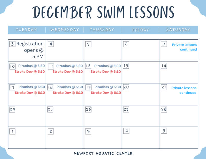 December Swim Lessons Calendar