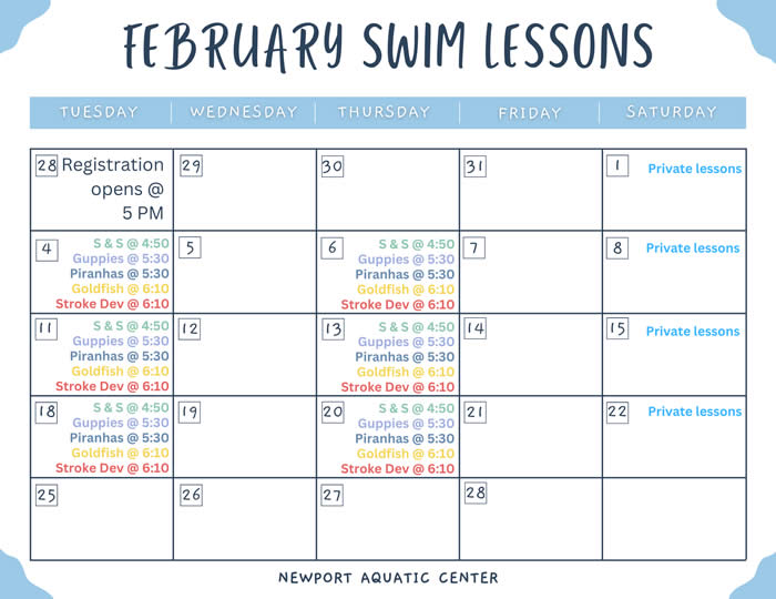 February 2025 Swim Lessons Calendar