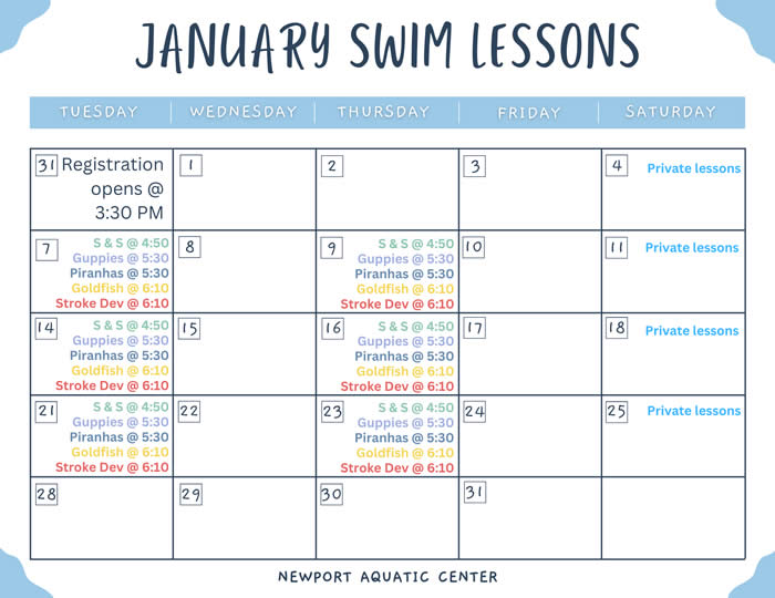 January 2025 Swim Lessons Calendar