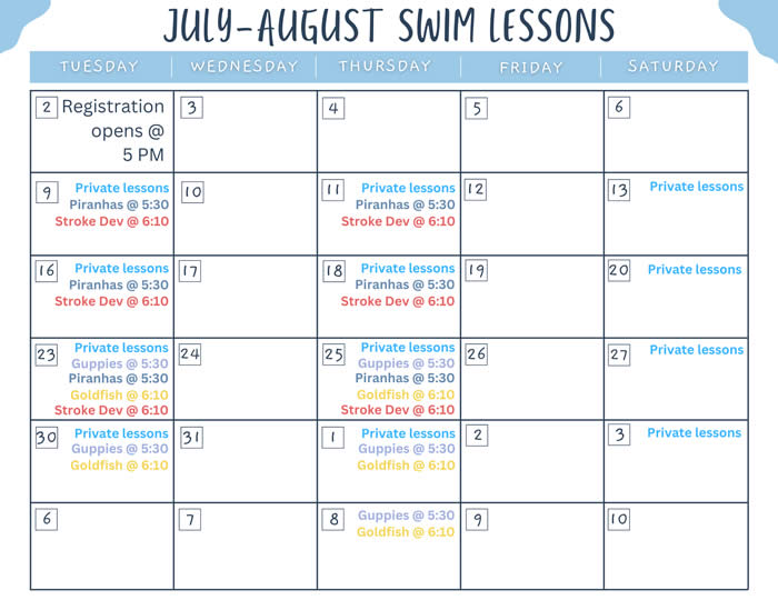 July-August Swim Lessons Calendar 
