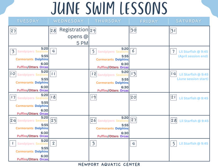 June 2025 Swim Lessons Calendar