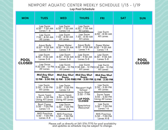 Lap Pool Schedule 1.13 - 1.19