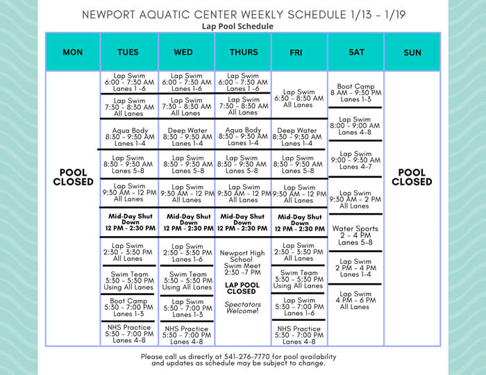 Lap Pool Schedule 1.13 - 1.19