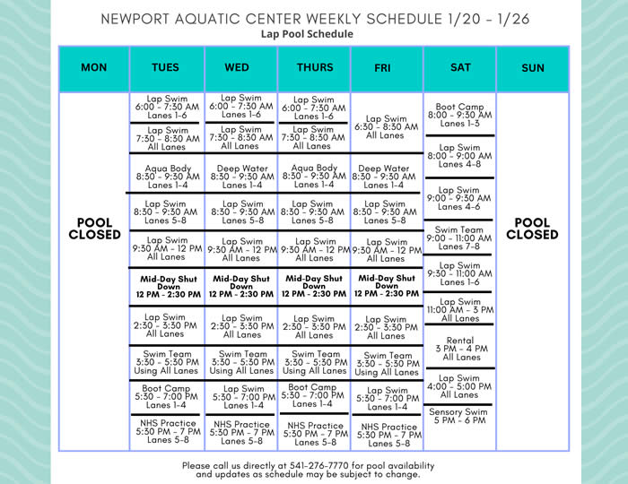 Lap Pool Schedule 1.20 - 1.26