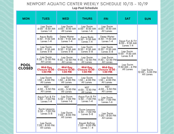 Lap Pool Schedule 10.13 - 10.19