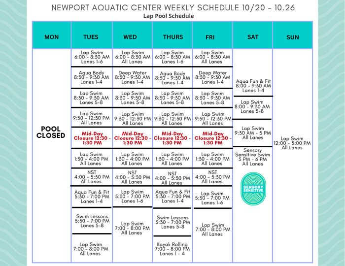 Lap Pool Schedule 10.20 - 10.26