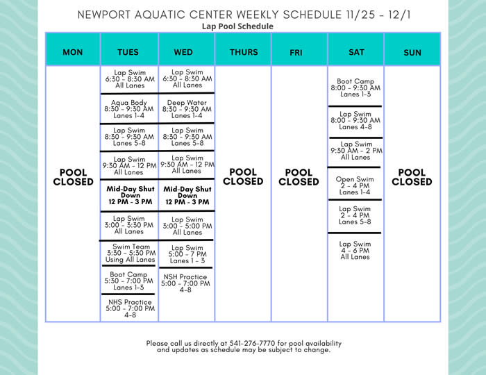 Lap Pool Schedule 11.25 - 12.1