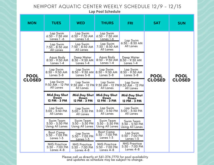 Lap Pool Schedule 12.9 - 12.15