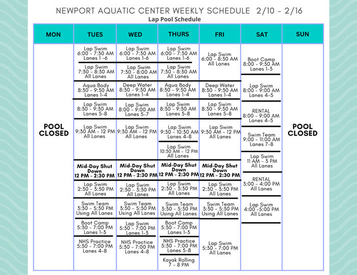 Lap Pool Schedule 2.10 - 2.16