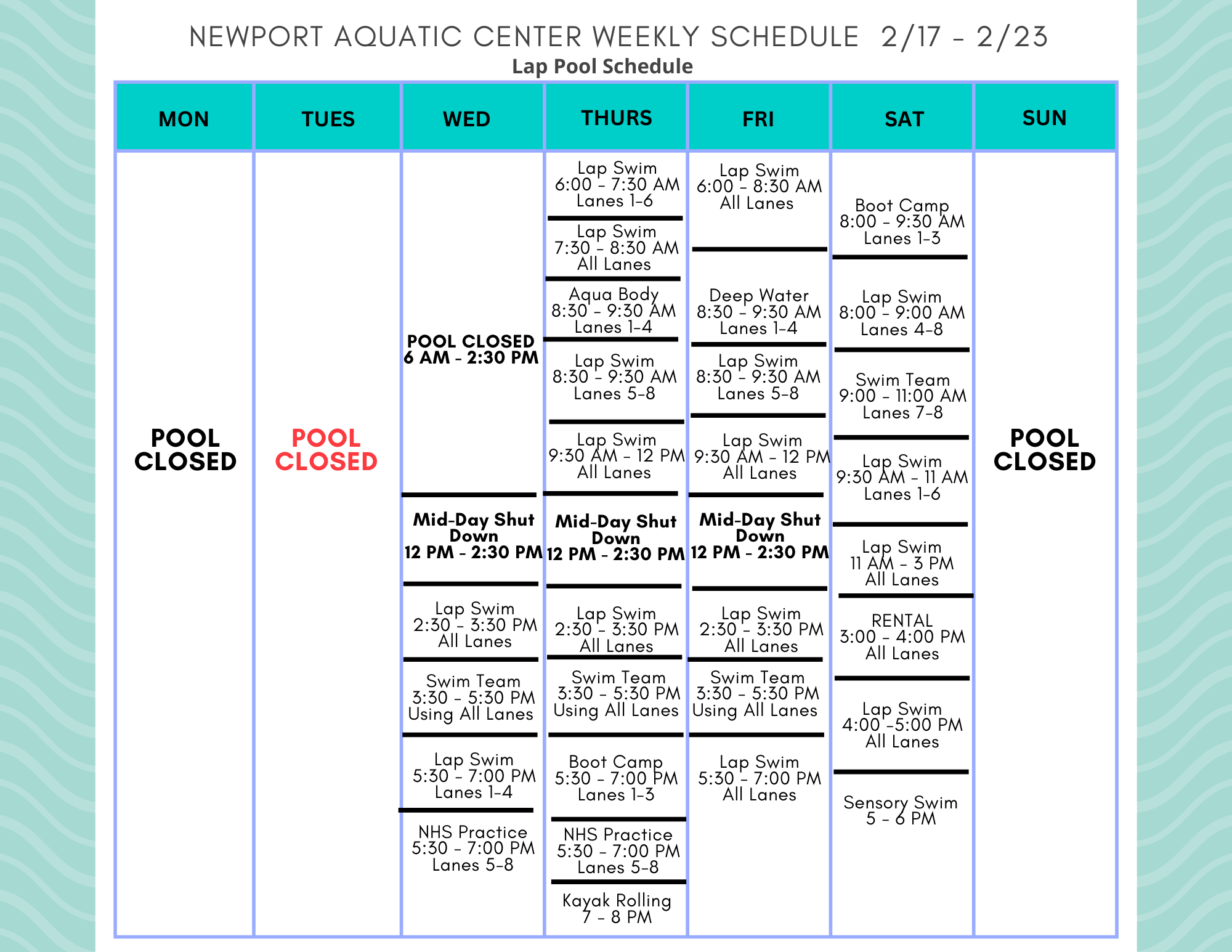 Lap Pool Schedule 2.17 - 2.23