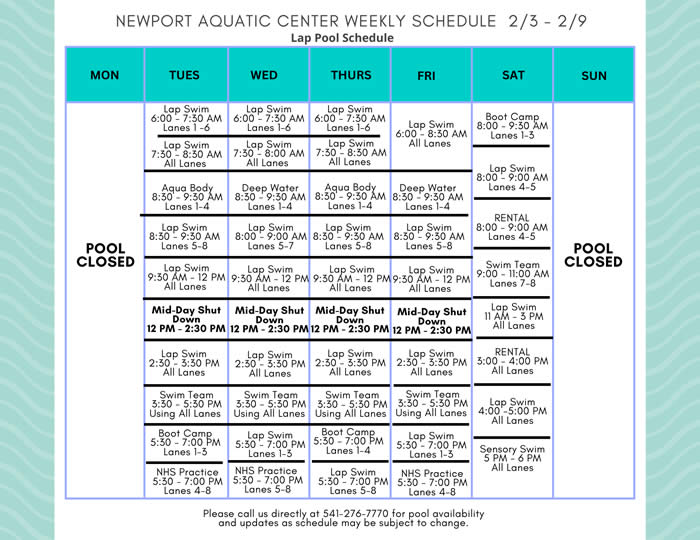 Lap Pool Schedule 2.3 - 2.9