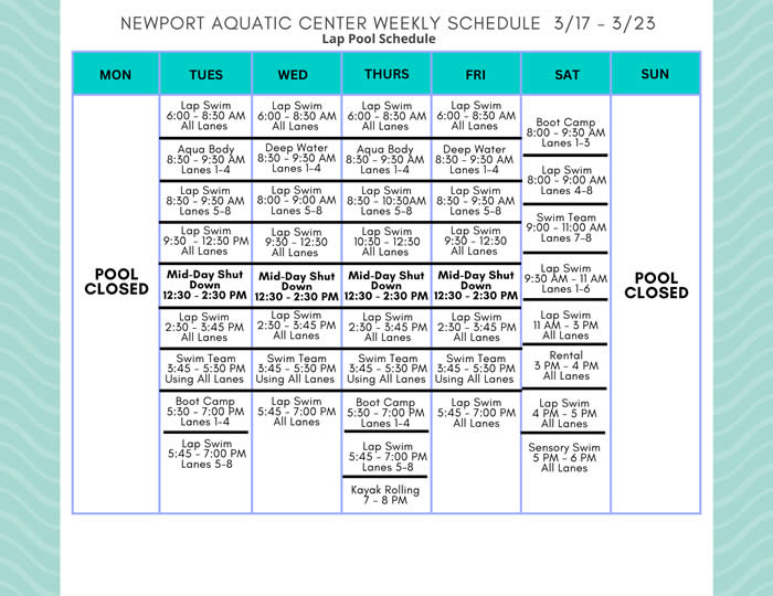 Lap Pool Schedule 3.17-3.23