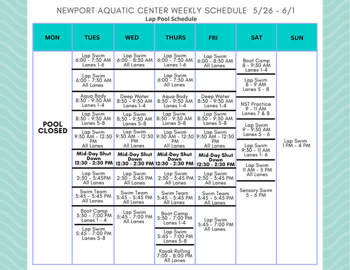 Lap Pool Schedule 5.26-6.1