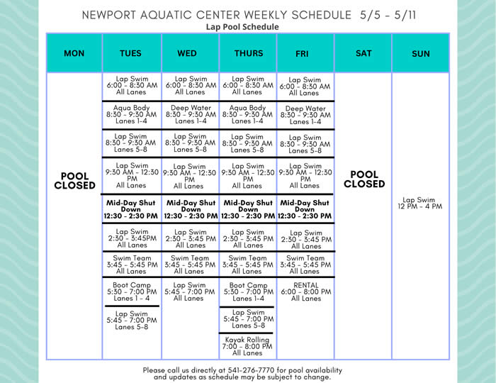 Lap Pool Schedule 5.5 - 5.11
