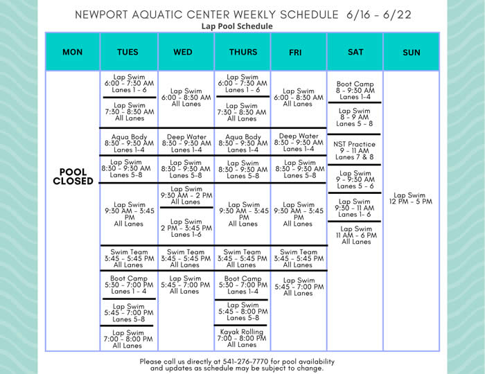 Lap Pool Schedule 6.16 - 6.22