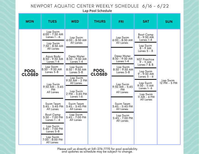 Lap Pool Schedule 6.16 - 6.22